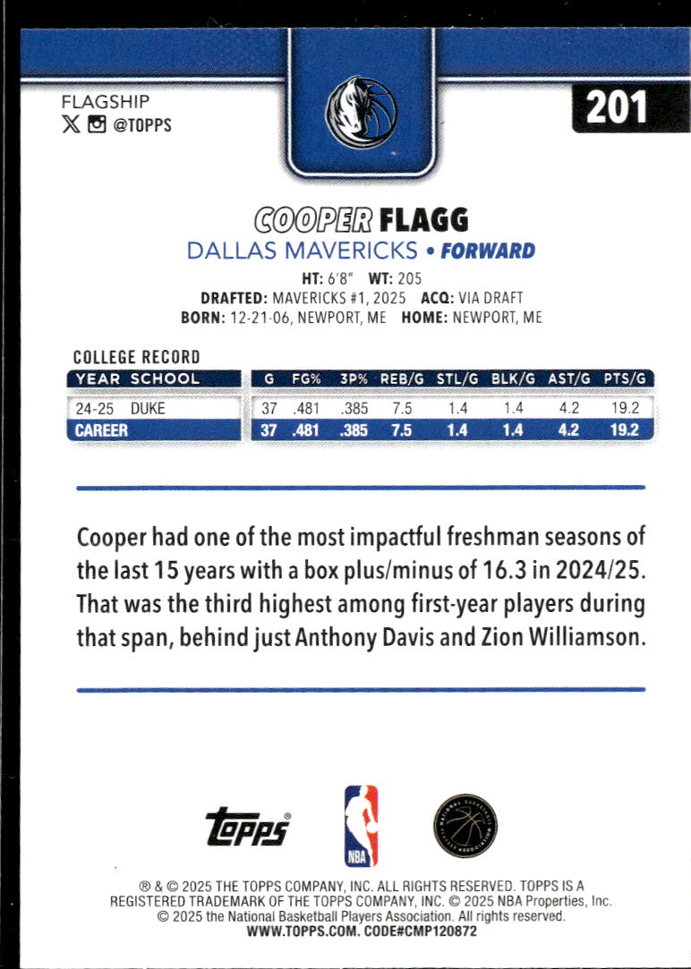 Cooper Flagg 2025 Topps Rookie RC Dallas Mavericks