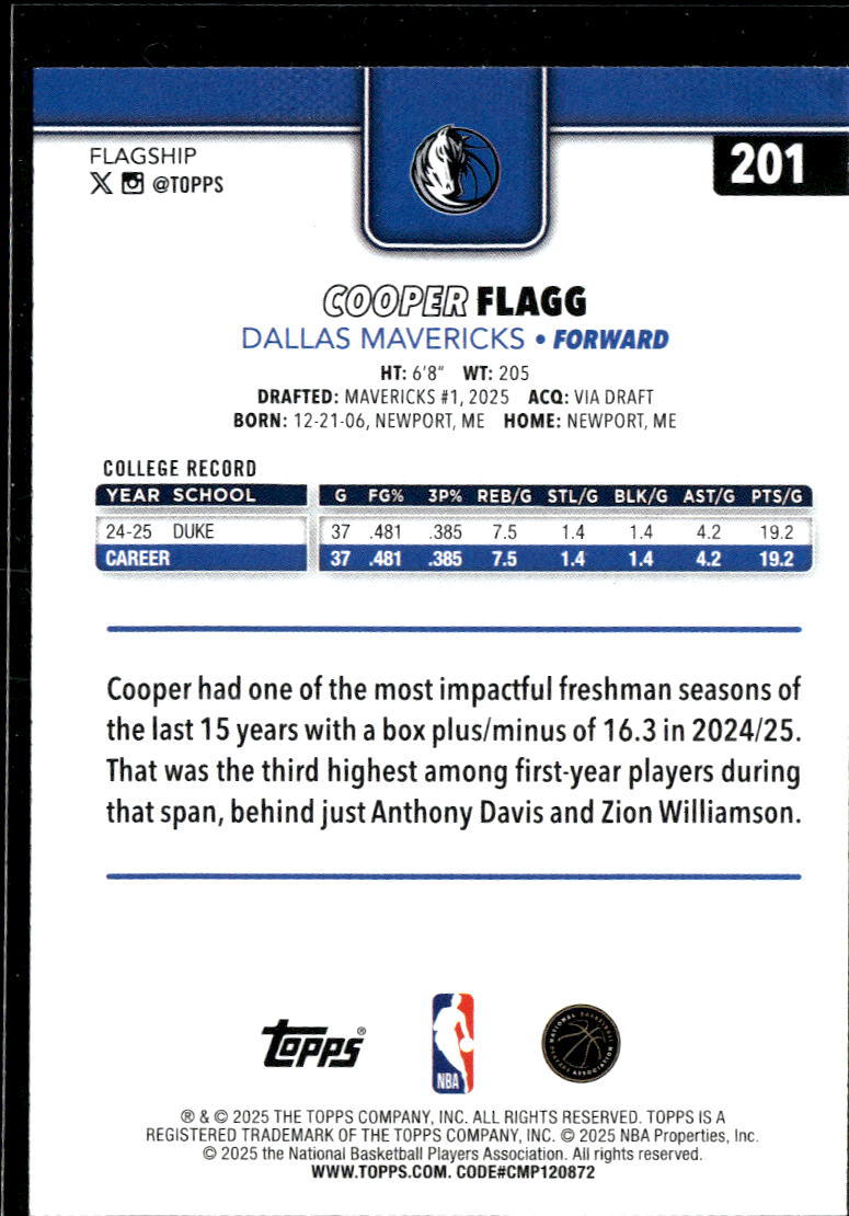 Cooper Flagg 2025 Topps Rookie RC Dallas Mavericks