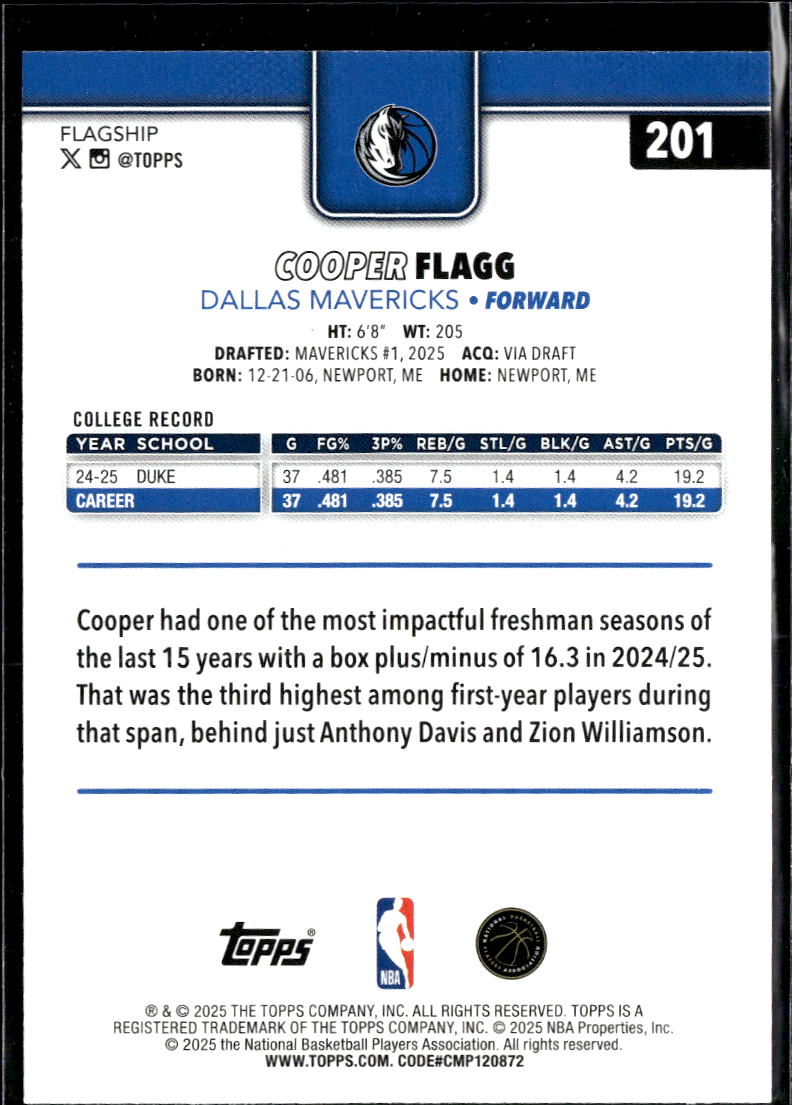 Cooper Flagg 2025 Topps Rookie RC Dallas Mavericks