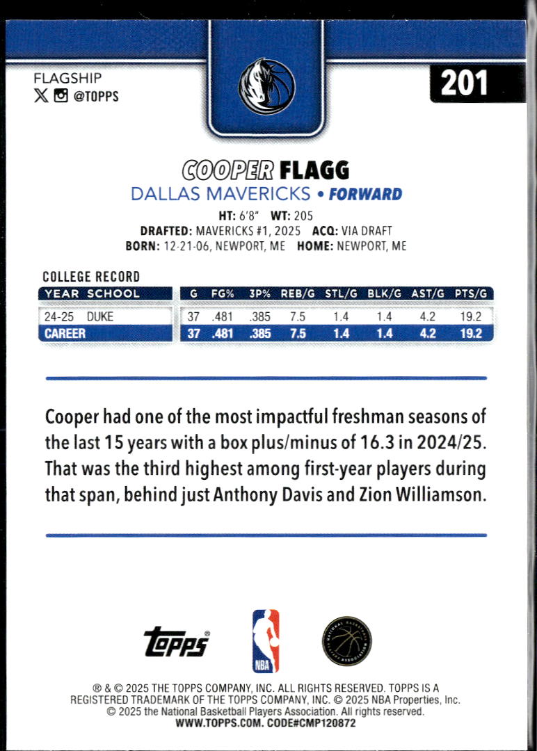 Cooper Flagg 2025 Topps Rookie RC Dallas Mavericks