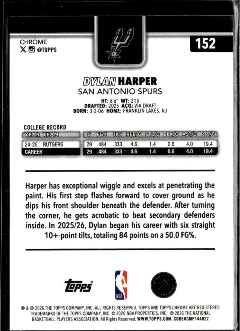Dylan Harper 2026 Topps Chrome Update Rookie RC San Antonio Spurs