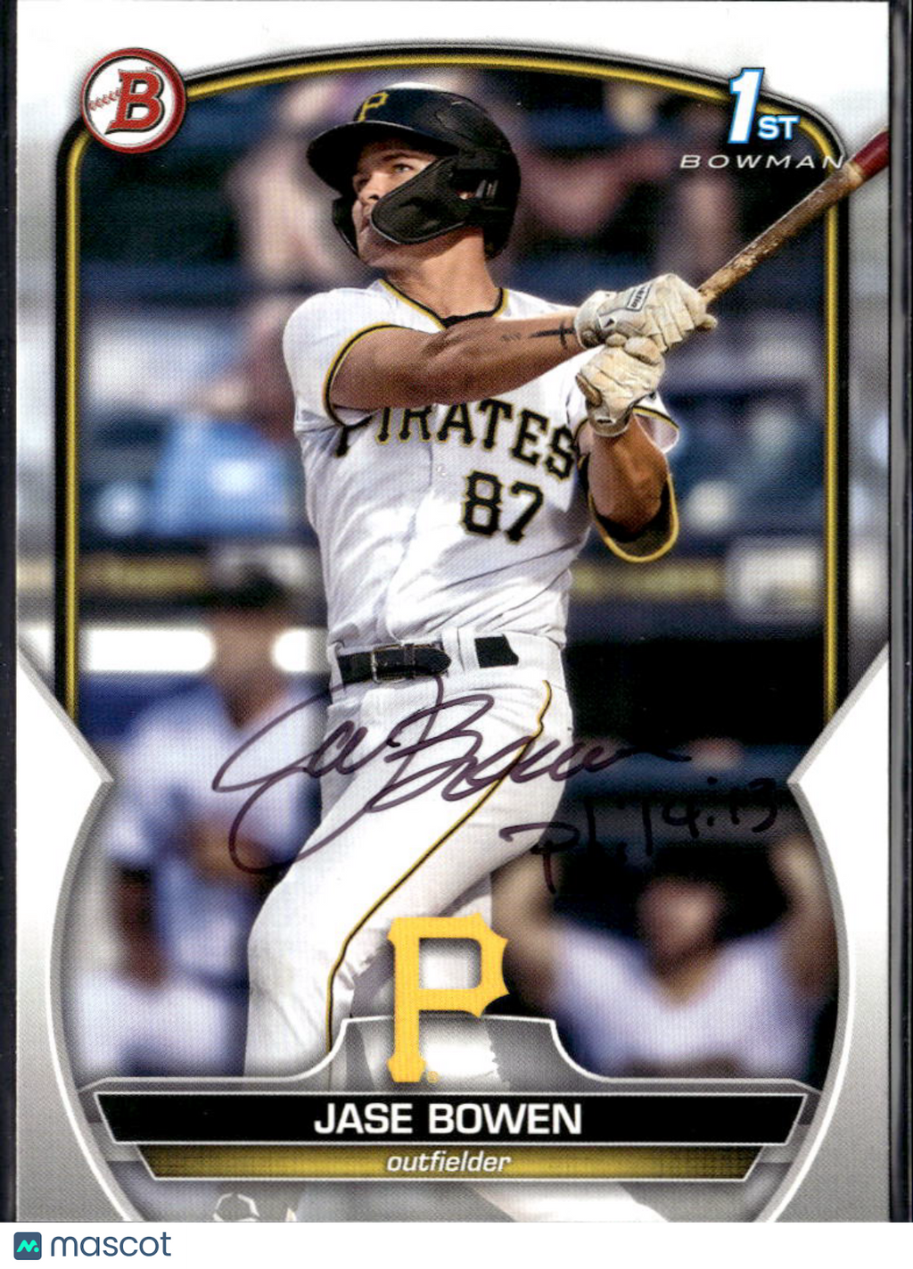 Jase Bowen 2023 Bowman 1st IP Auto Inscription Autograph Pittsburgh Pirates