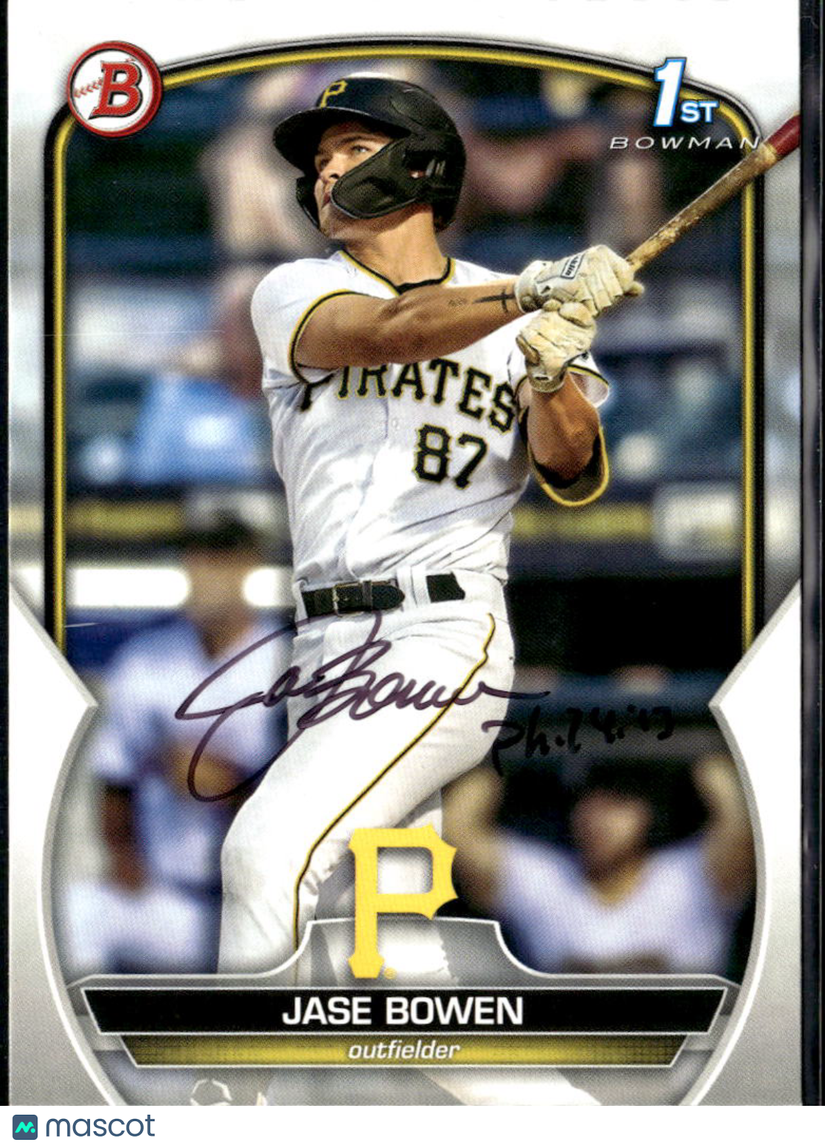 Jase Bowen 2023 Bowman 1st IP Auto Inscription Autograph Pittsburgh Pirates