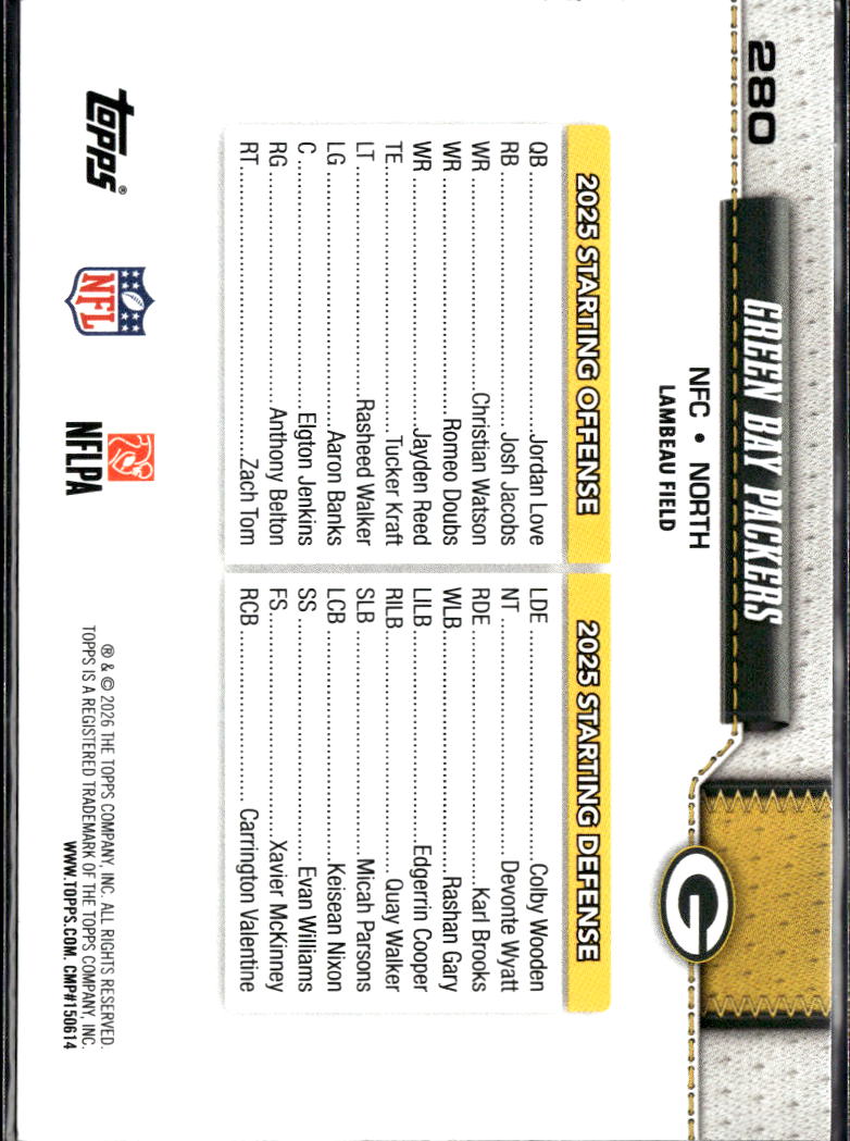 Green Bay Packers 2026 Topps Team Card Sand Glitter Green Bay Packers