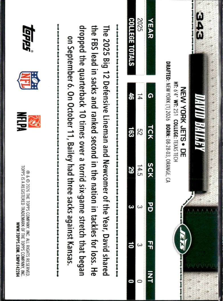 David Bailey 2026 Topps Pigskin Rookie RC New York Jets