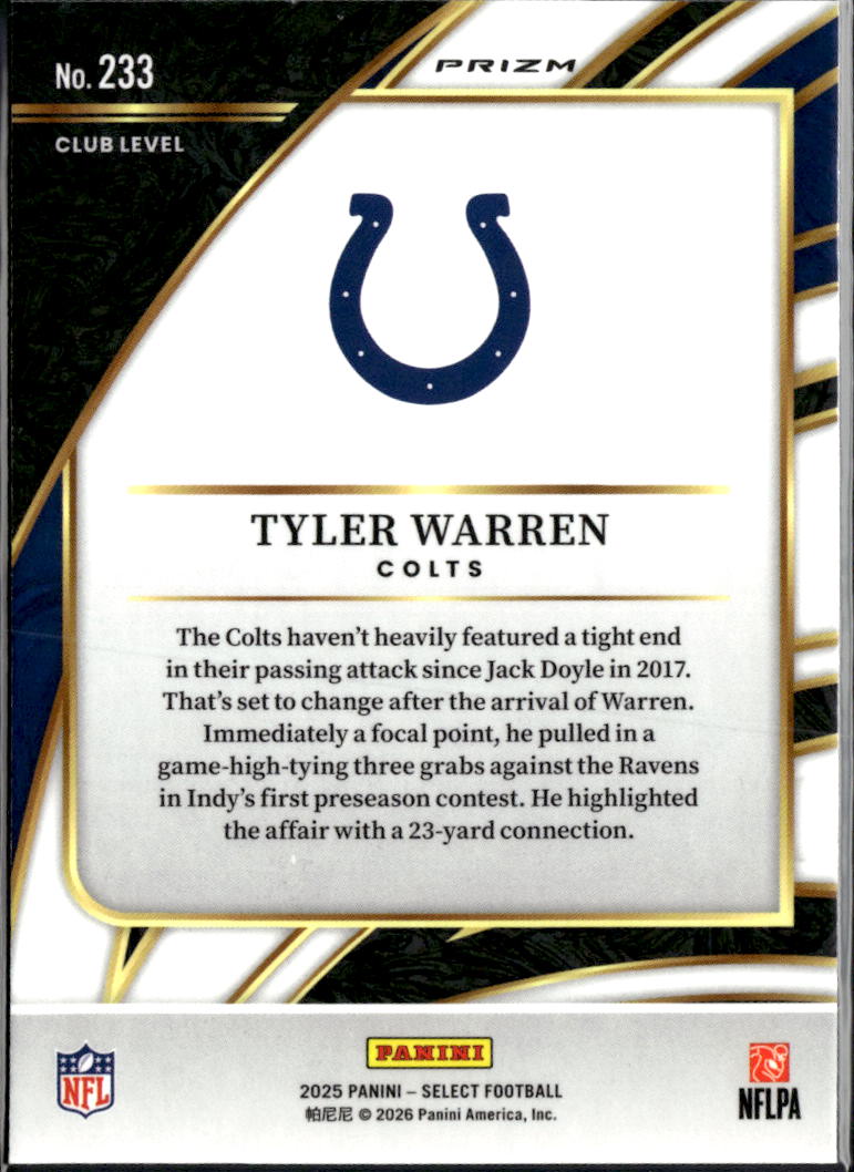 Tyler Warren 2025 Select Pink Prizm Rookie RC Indianapolis Colts