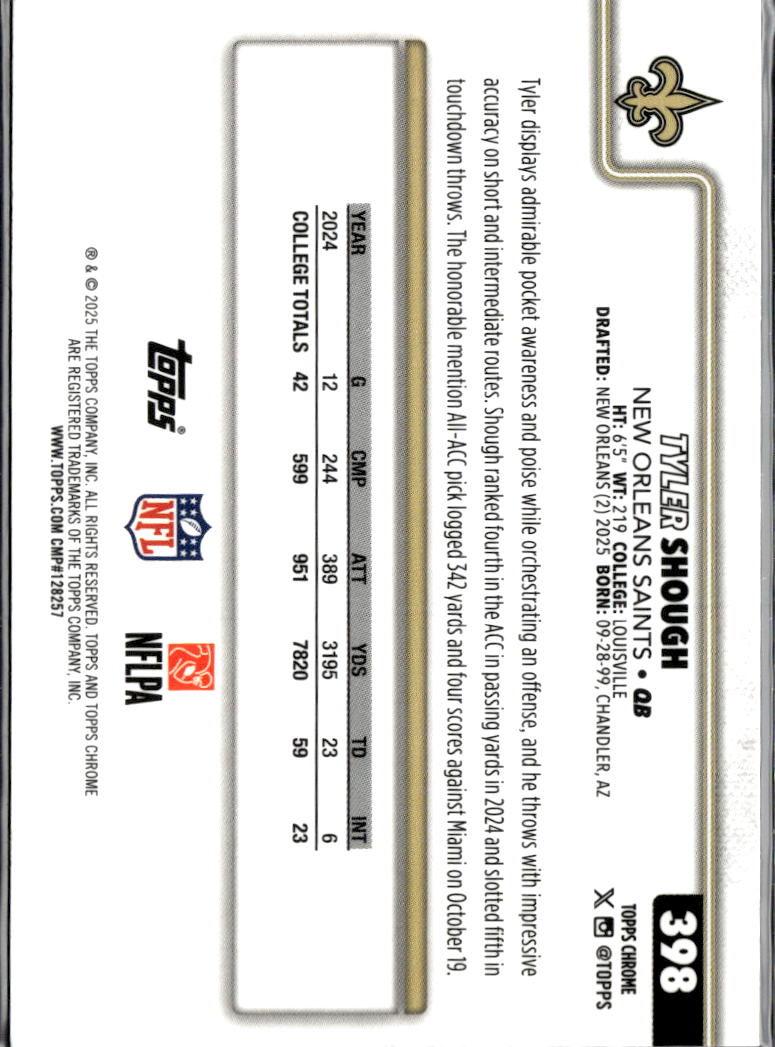 Tyler Shough 2025 Topps Chrome Rookie RC New Orleans Saints