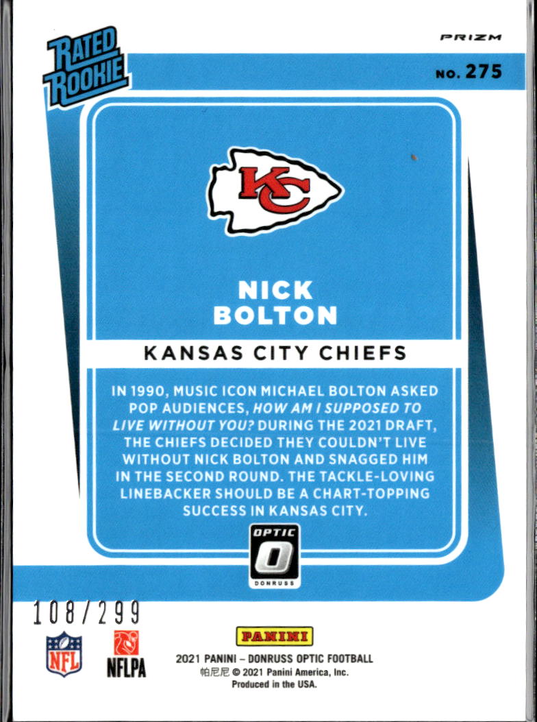 Nick Bolton 2021 Optic Rated Rookie RC Aqua /299 Kansas City Chiefs