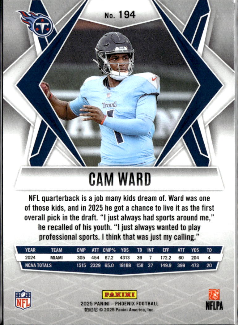 Cam Ward 2025 Phoenix Hyper Prizm Rookie RC Tennessee Titans