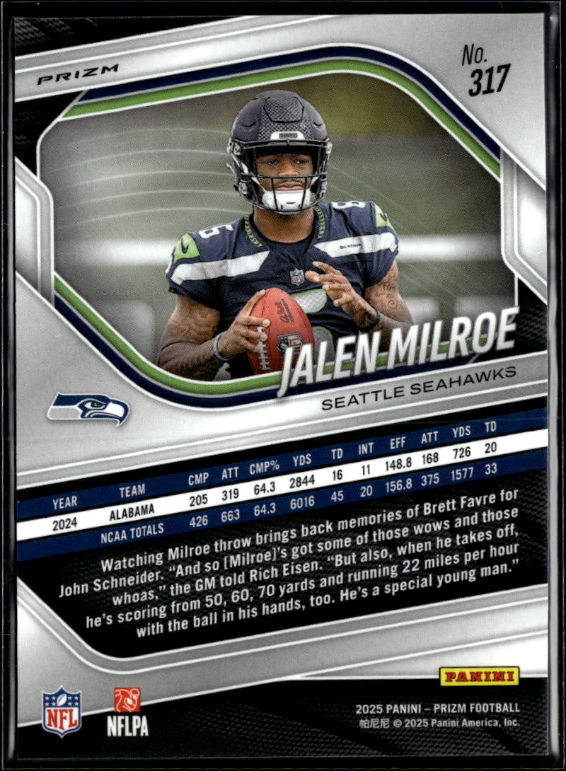Jalen Milroe 2025 Panini Prizm Silver Prizm RC Seattle Seahawks