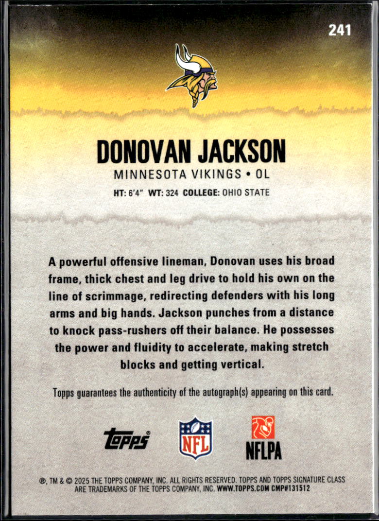 Donovan Jackson 2025 Topps Signature Class Auto Autograph RC /275 Vikings