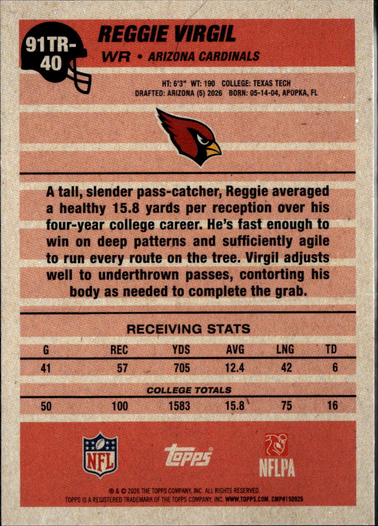 Reggie Virgil 2026 Topps '91 Rookie RC 75/91 Arizona Cardinals