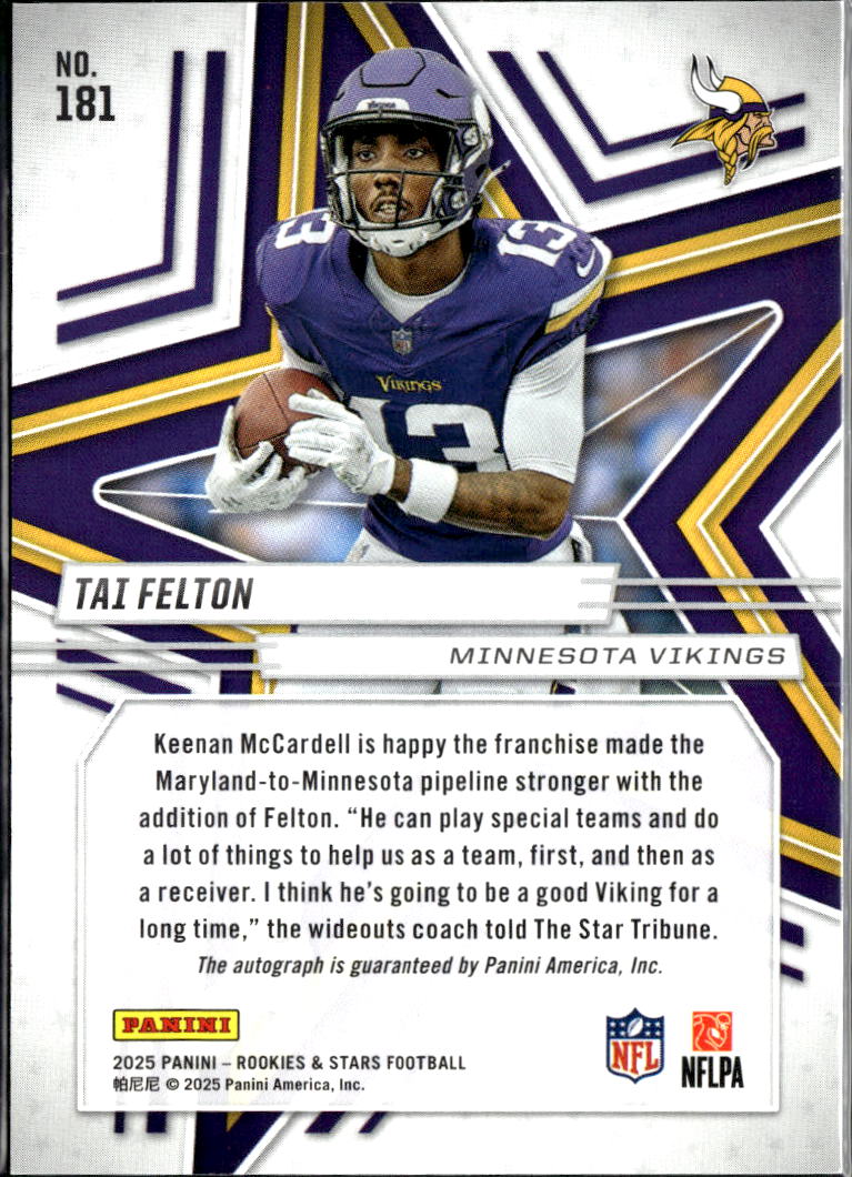 Tai Felton 2025 Rookies & Stars RC Auto Autograph /349 Minnesota Vikings