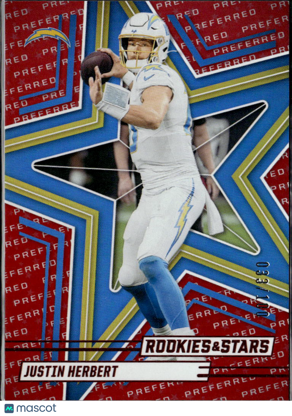 Justin Herbert 2025 Rookies & Stars Preferred Red 33/100 Los Angeles Chargers