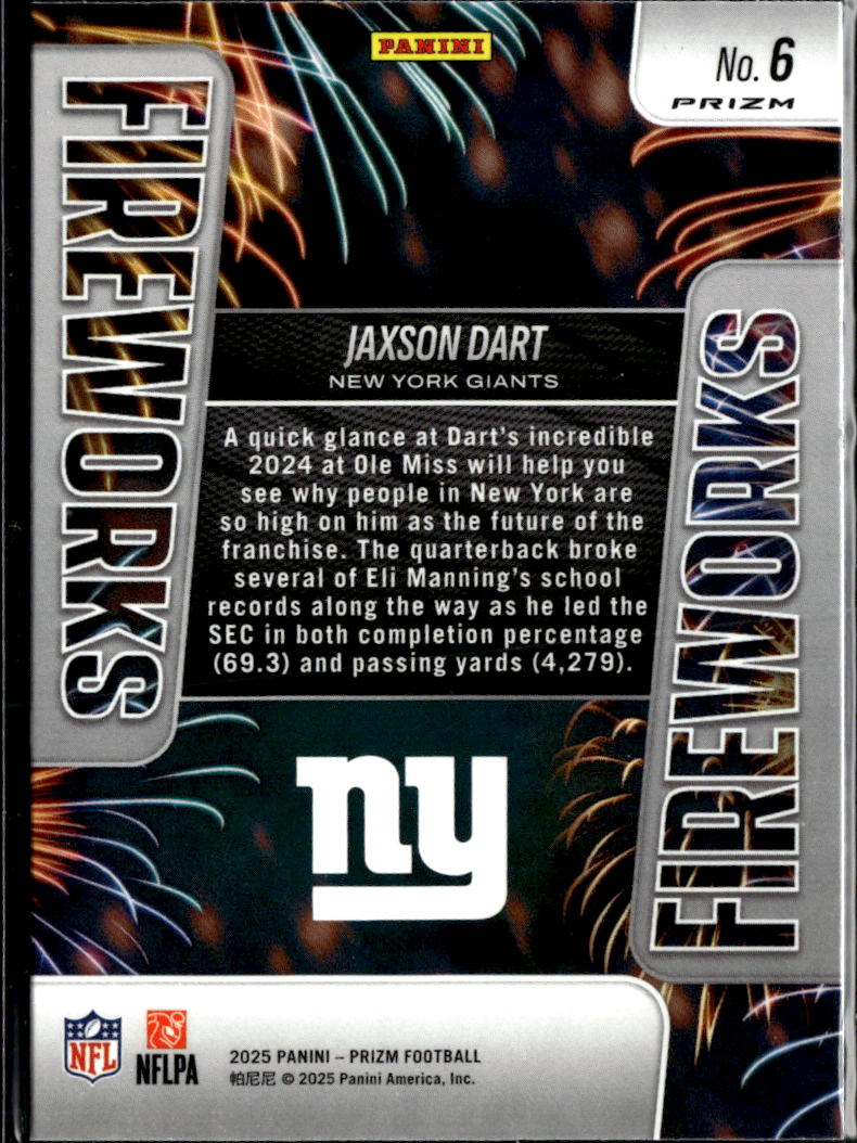 Jaxson Dart 2025 Prizm Fireworks Green Rookie RC New York Giants