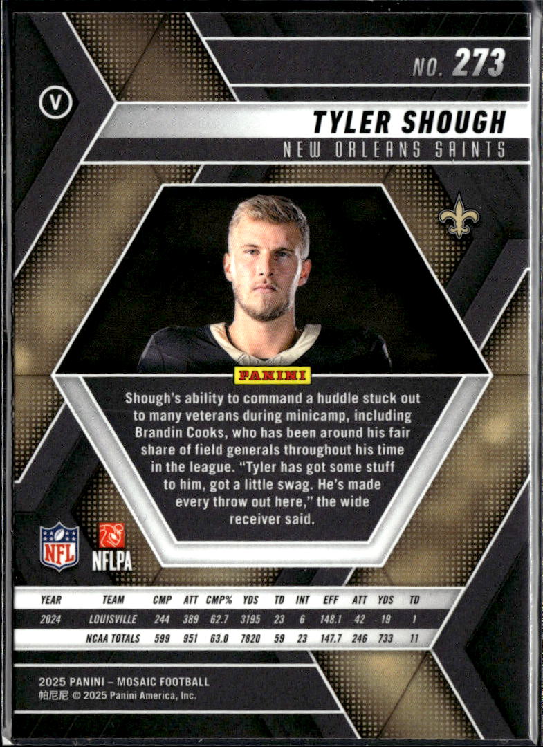 Tyler Shough 2025 Mosaic No Helmet Rookie RC New Orleans Saints