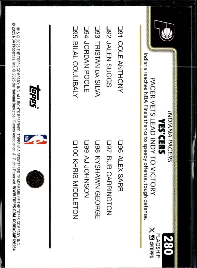 Indiana Pacers 2025 Topps Yes'Cers Blackout