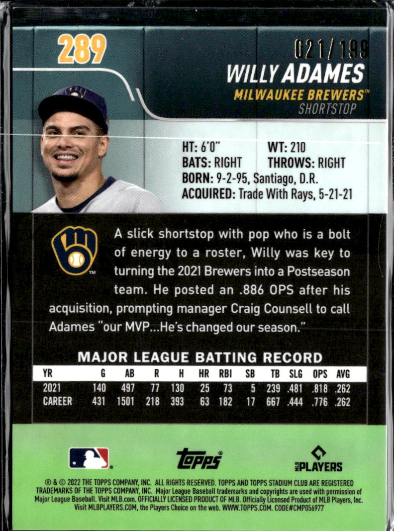 Willy Adames 2022 Topps Stadium Club Chrome Blue Refractor /199 Brewers