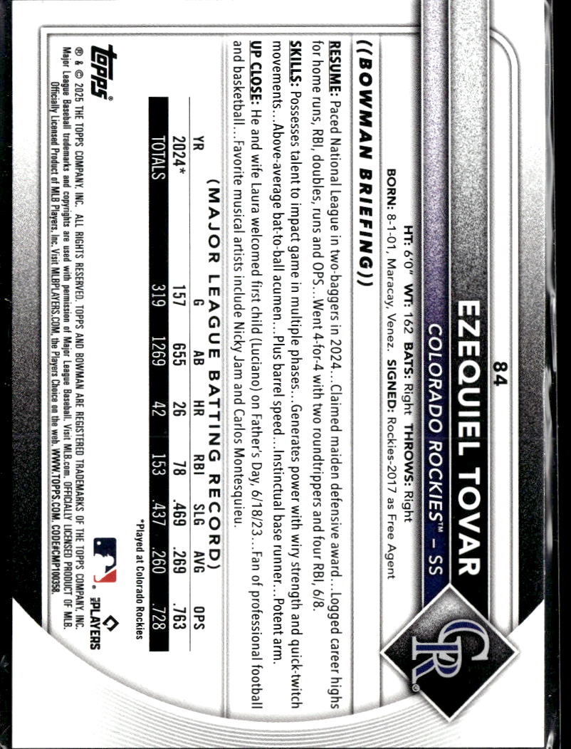 Ezequiel Tovar 2025 Bowman Green 337/399 Colorado Rockies