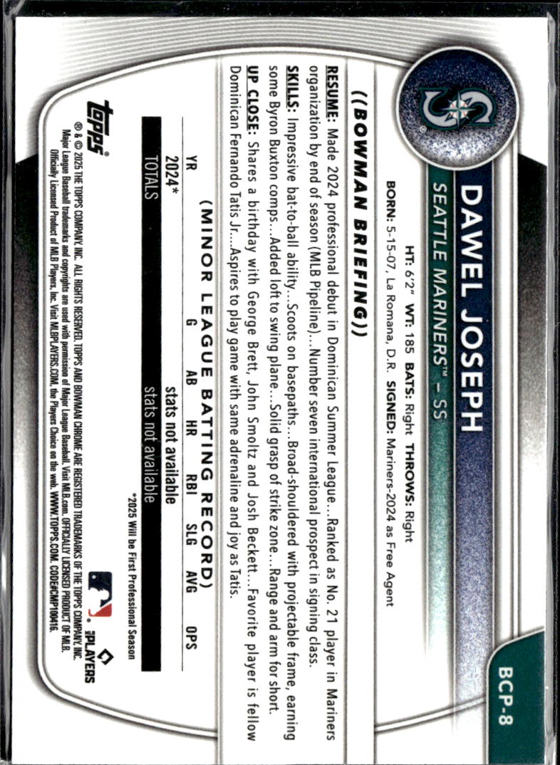 Dawel Joseph 2025 Bowman Chrome Purple RayWave 234/250 Seattle Mariners