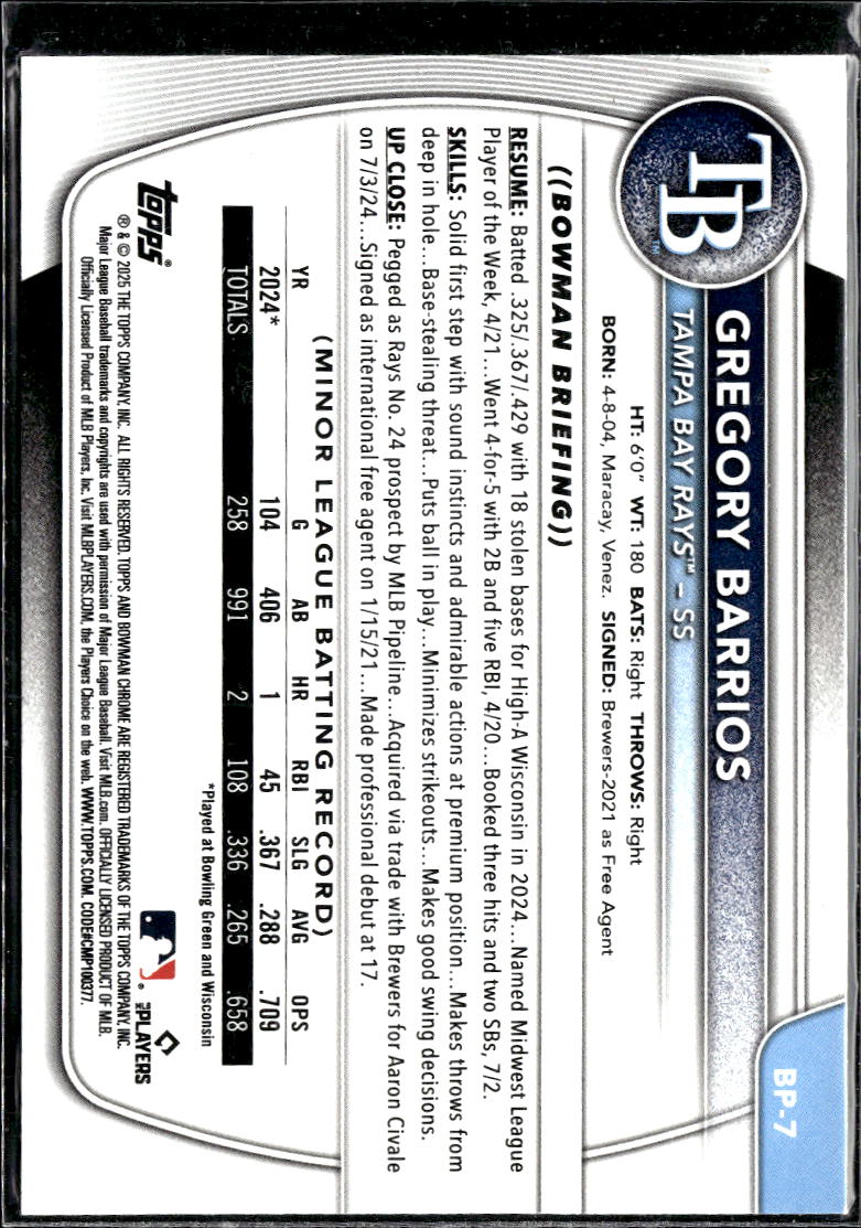 Gregory Barrios 2025 Bowman 1st Sky Blue /499 Tampa Bay Rays