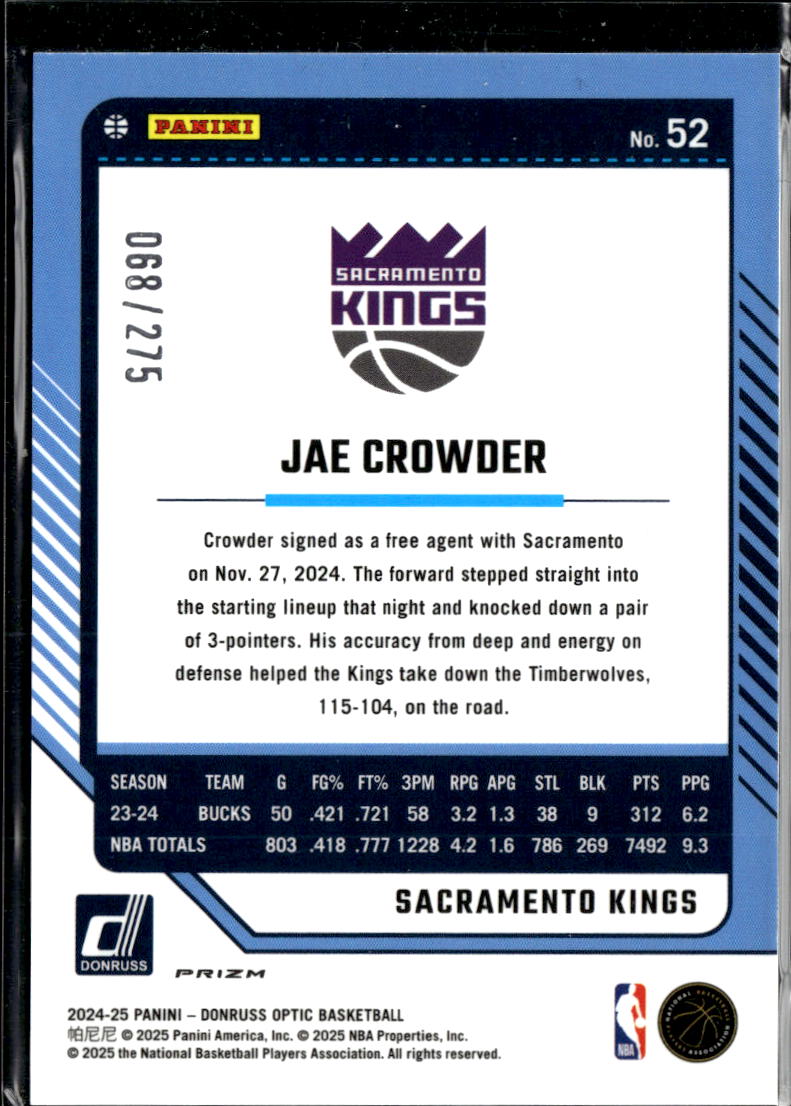 Jae Crowder 2025 Optic Pink Glitter 68/275 Sacramento Kings