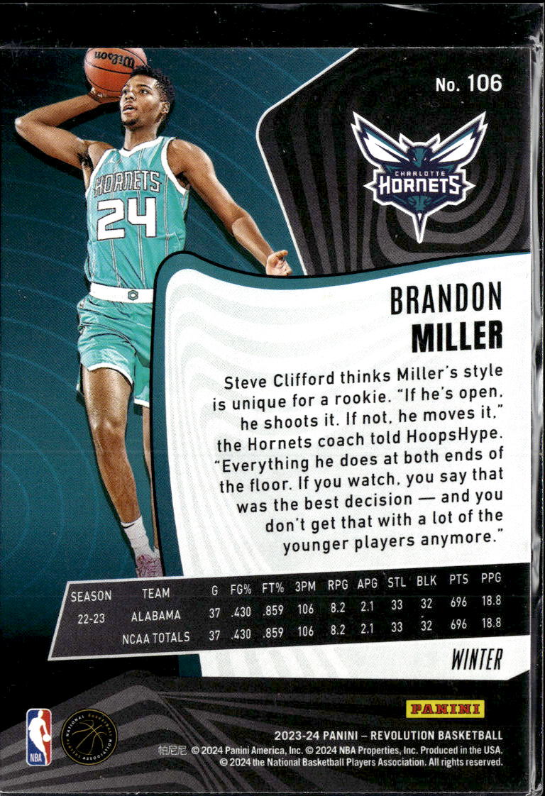 Brandon Miller 2024 Revolution Rookie RC Winter Charlotte Hornets