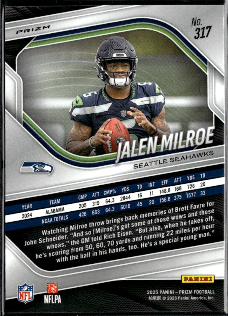 Jalen Milroe 2025 Prizm RC Green Shock Seattle Seahawks
