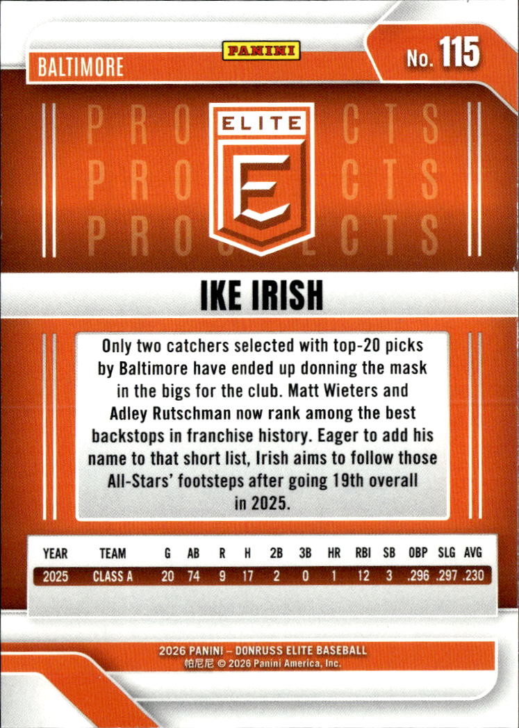 Ike Irish 2026 Panini Donruss Elite Baseball Status /299 Baltimore Orioles