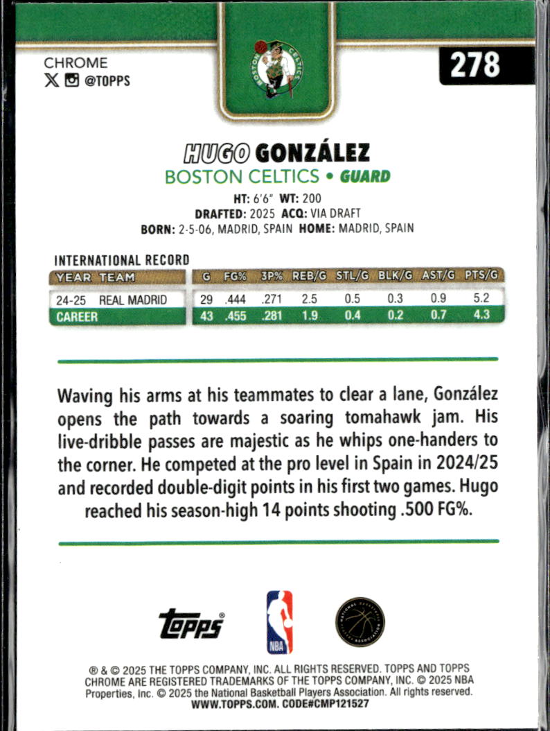 Hugo Gonzalez 2025 Topps Chrome Rookie RC Boston Celtics