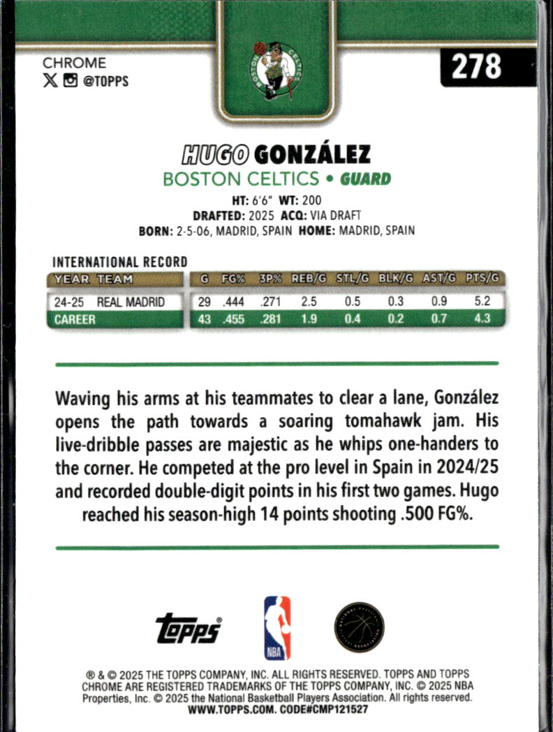 Hugo Gonzalez 2025 Topps Chrome Rookie RC Boston Celtics