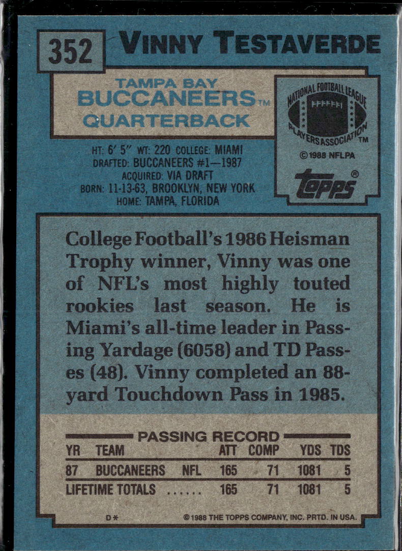 Vinny Testaverde 1988 Topps Rookie RC Tampa Bay Buccaneers