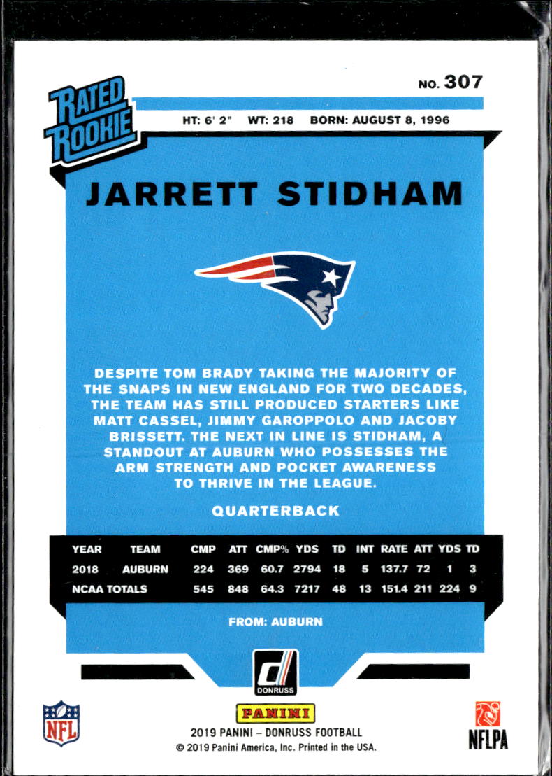 Jarrett Stidham 2019 Donruss Blue Press Proof Rated Rookie New England Patriots