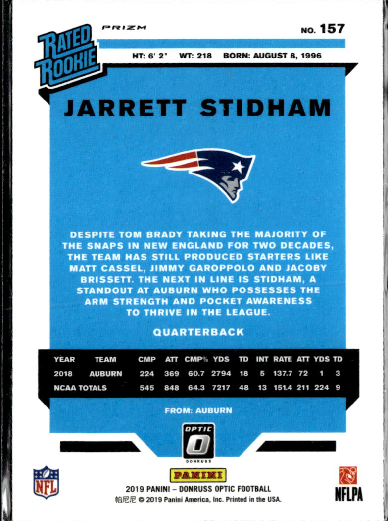 Jarrett Stidham 2019 Optic Rated Rookie HOLO RC New England Patriots