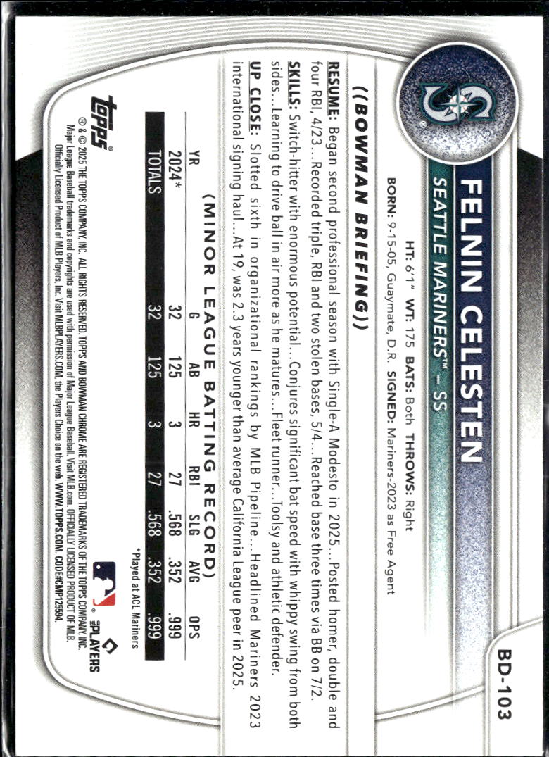 Felnin Celesten 2025 Bowman Draft Sky Blue Refractor /499 Seattle Mariners