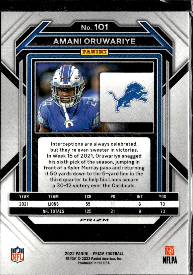 Amani Oruwariye 2023 Panini Prizm Red Sparkle Detroit Lions