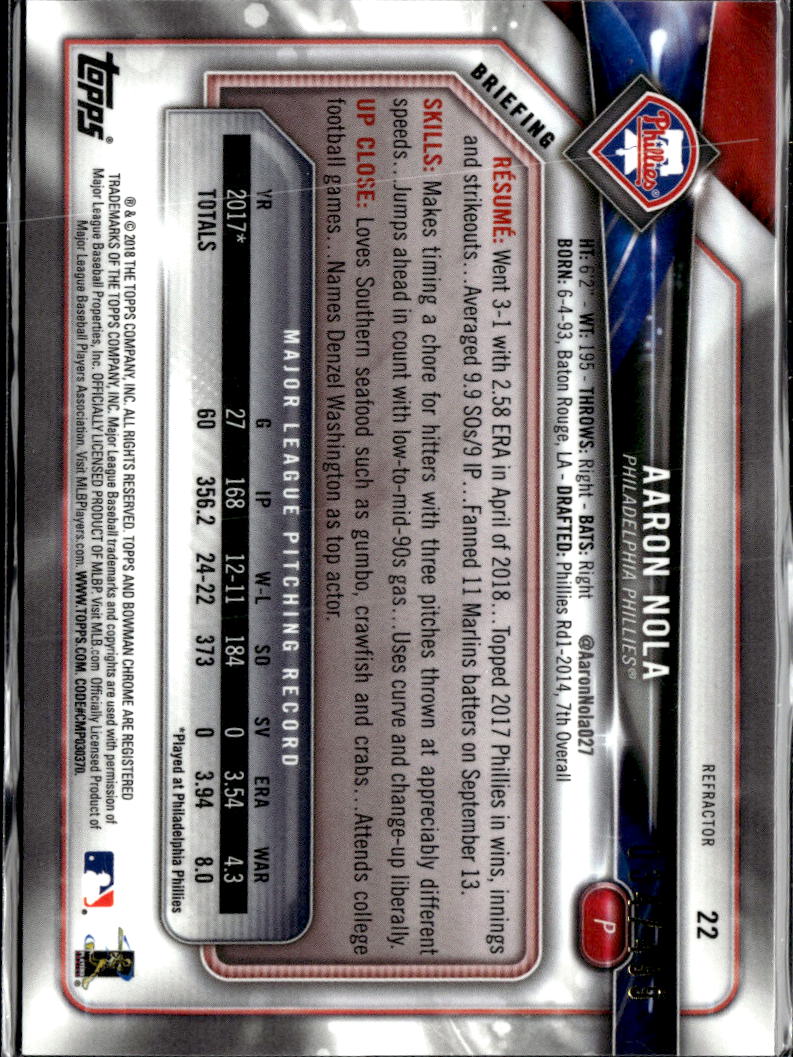 Aaron Nola 2018 Bowman Chrome Refractor /499 Philadelphia Phillies
