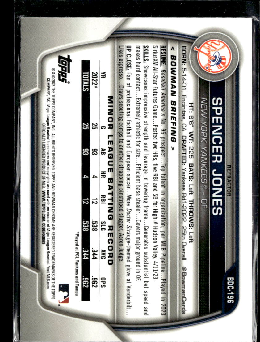 Spencer Jones 2023 Bowman Draft Chrome Refractor New York Yankees
