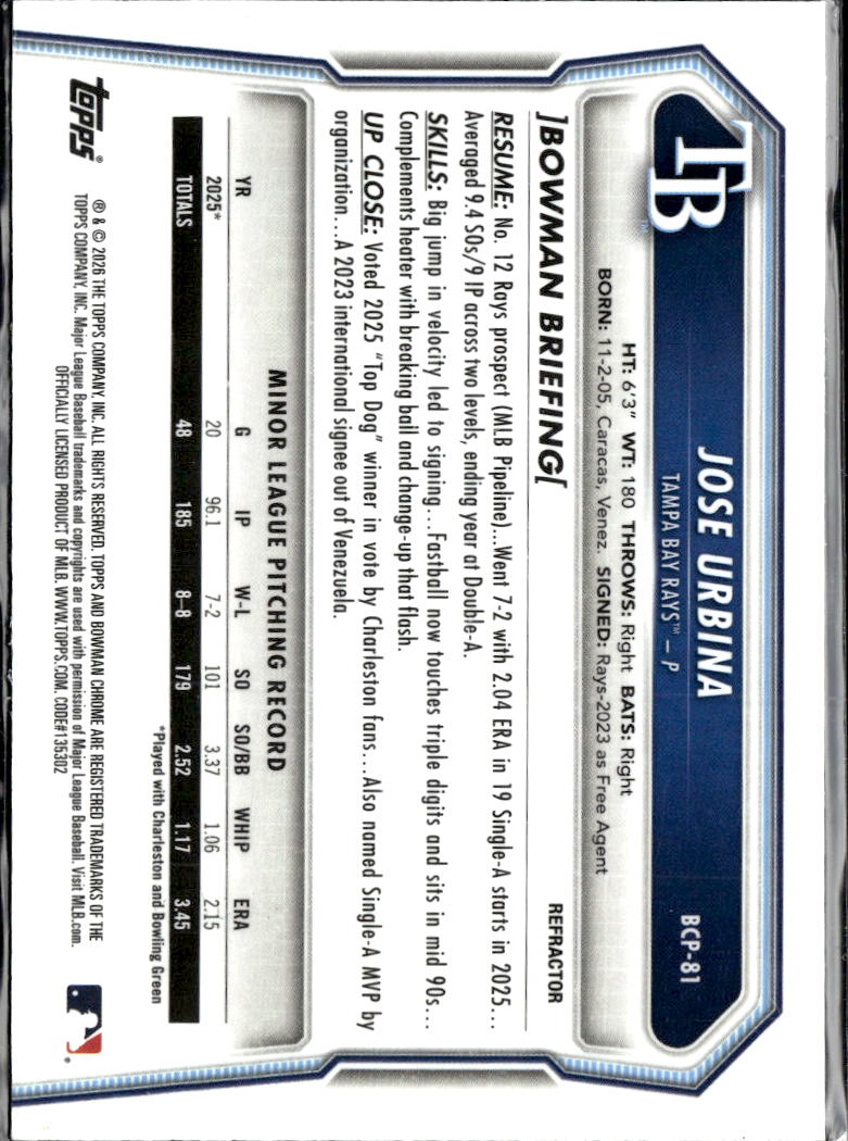 Jose Urbina 2026 Bowman Chrome 1st Refractor /499 Tampa Bay Rays