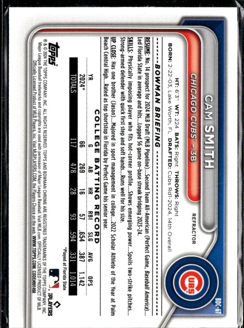 Cam Smith 2023 Bowman Chrome 1st Refractor Chicago Cubs