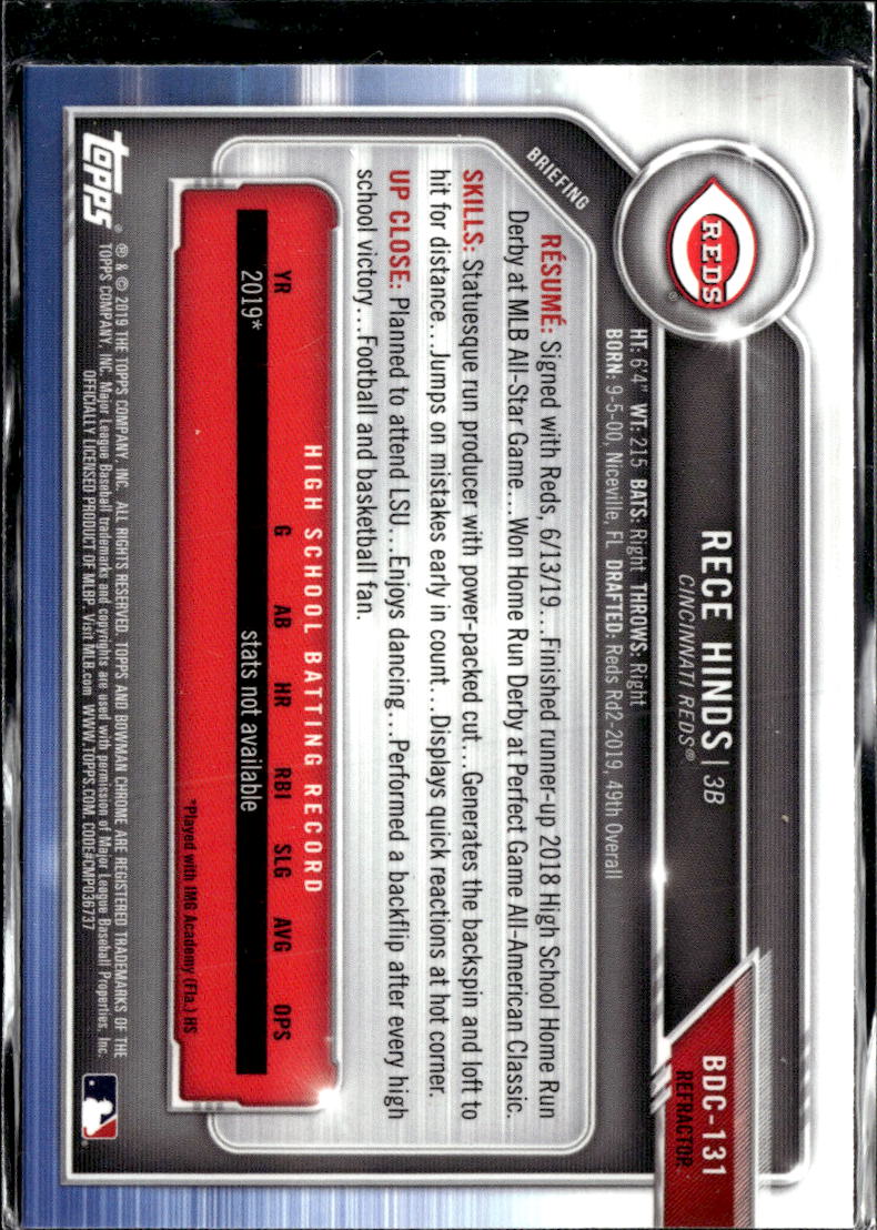 Rece Hinds 2019 Bowman Chrome 1st Refractor Cincinnati Reds