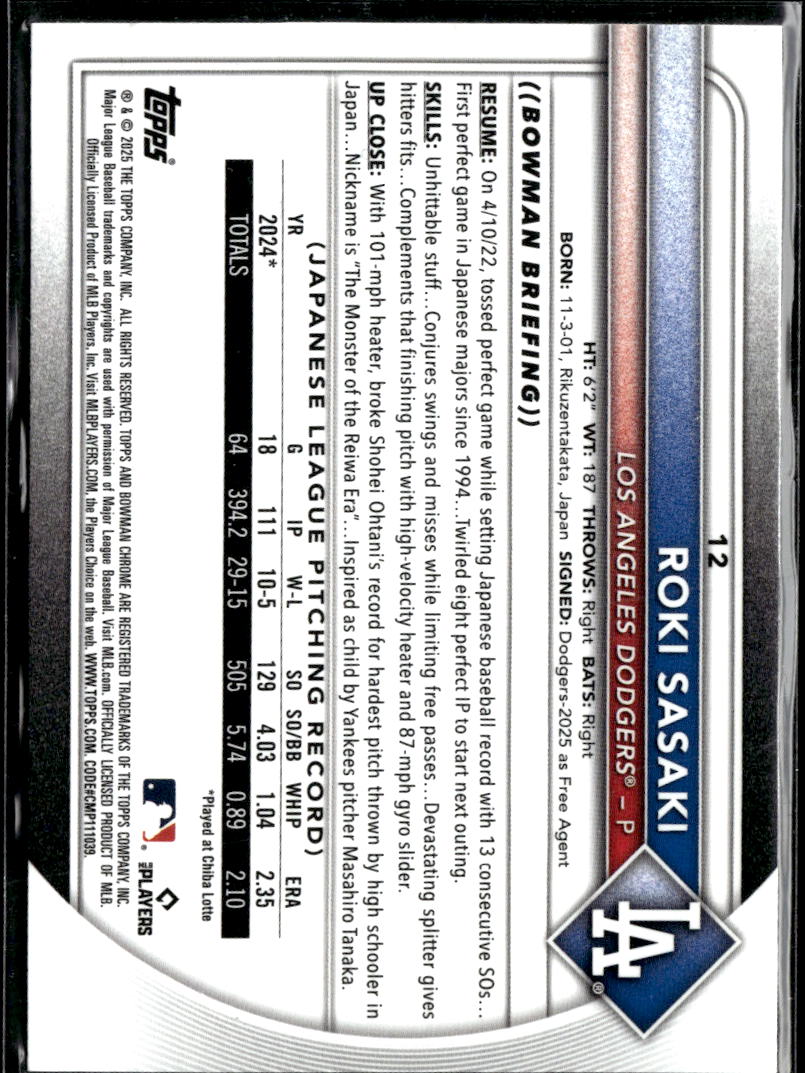 Roki Sasaki 2025 Bowman Chrome RC Mega Box Mojo Refractor Los Angeles Dodgers