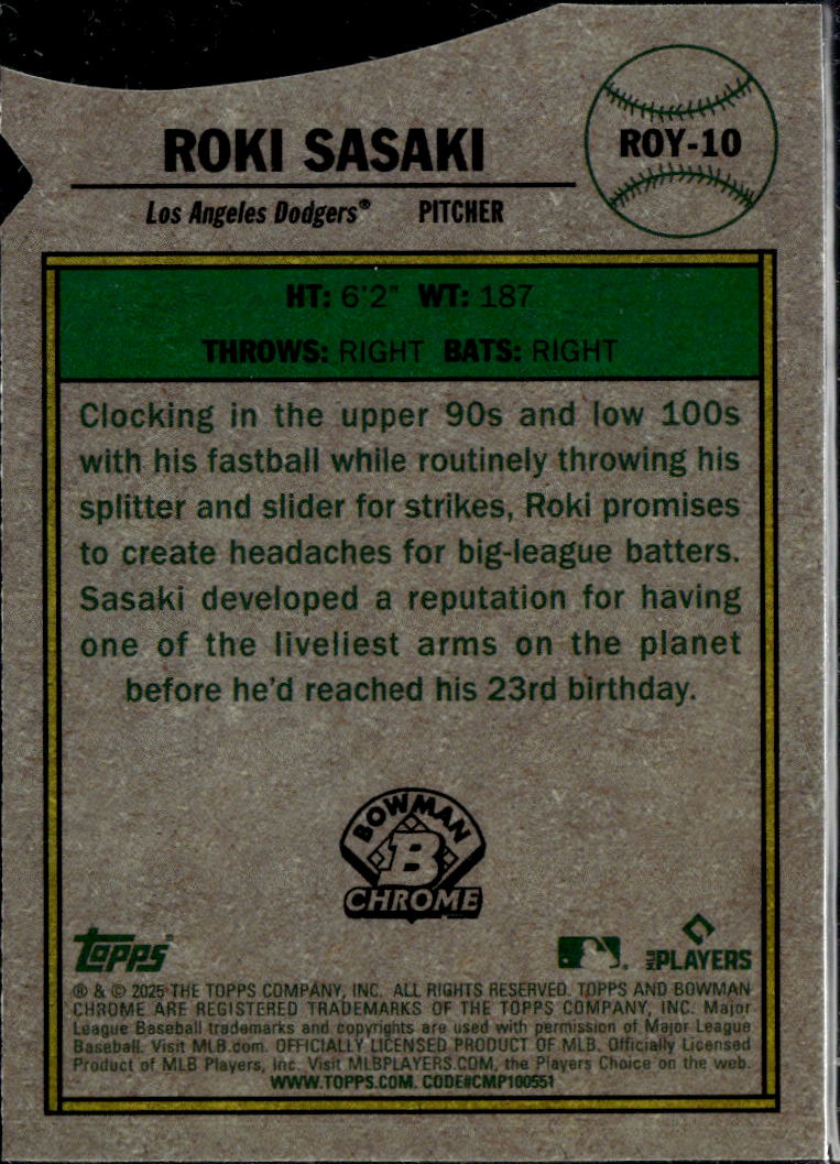Roki Sasaki 2025 Bowman Chrome Rookie of the Year Favorites RC LA Dodgers
