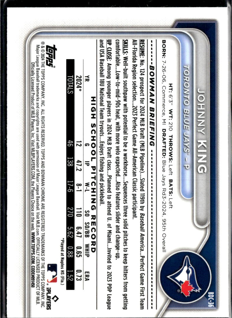Johnny King 2024 Bowman Chrome 1st Toronto Blue Jays