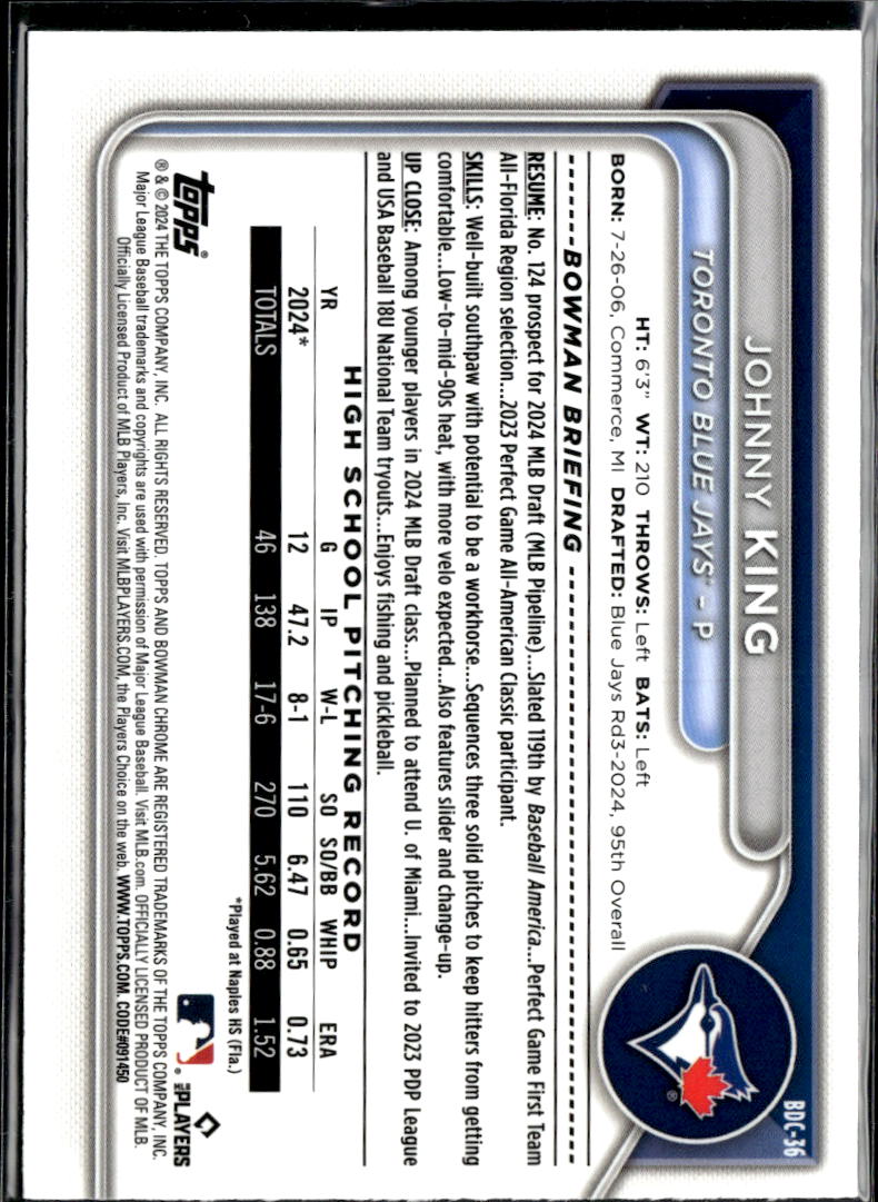 Johnny King 2024 Bowman Chrome 1st Toronto Blue Jays