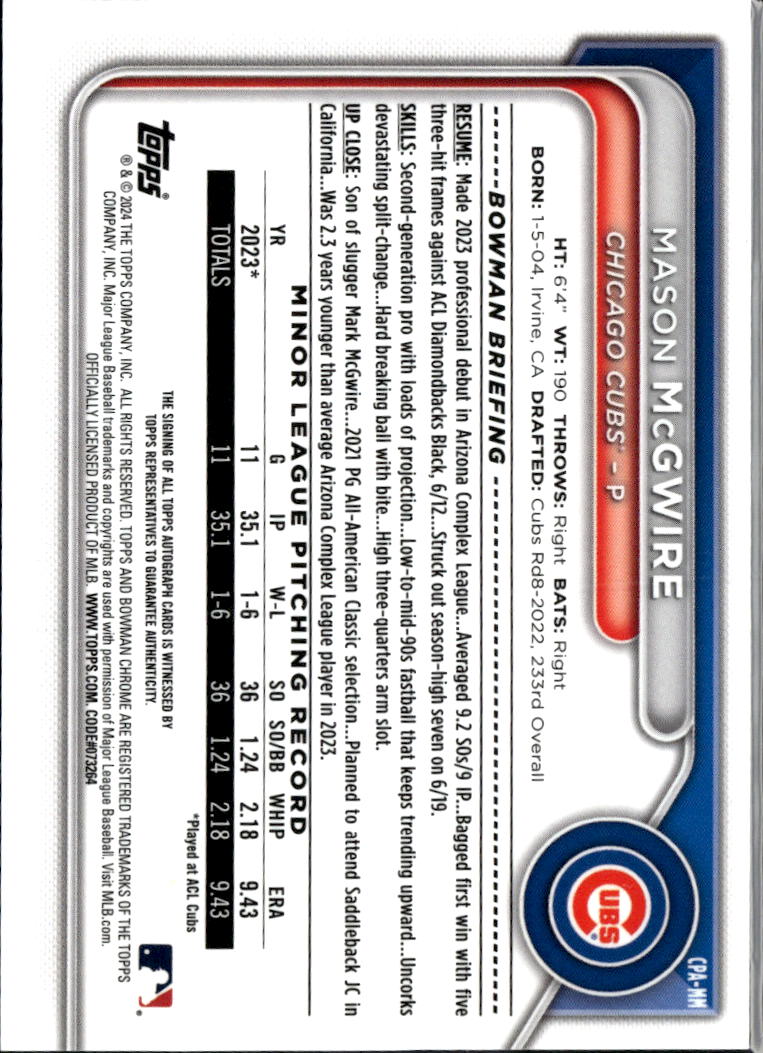 Mason McGwire 2024 Bowman Chrome 1st Auto Autograph RC 211/250 Chicago Cubs