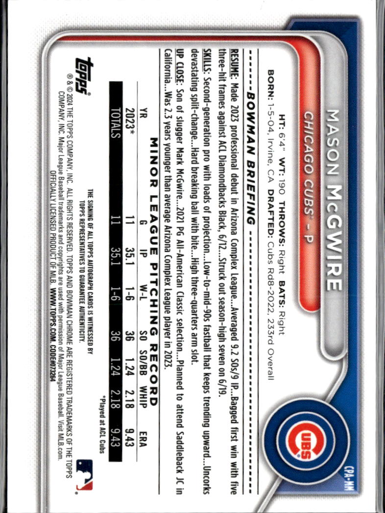 Mason McGwire 2024 Bowman Chrome 1st Auto Autograph Chicago Cubs