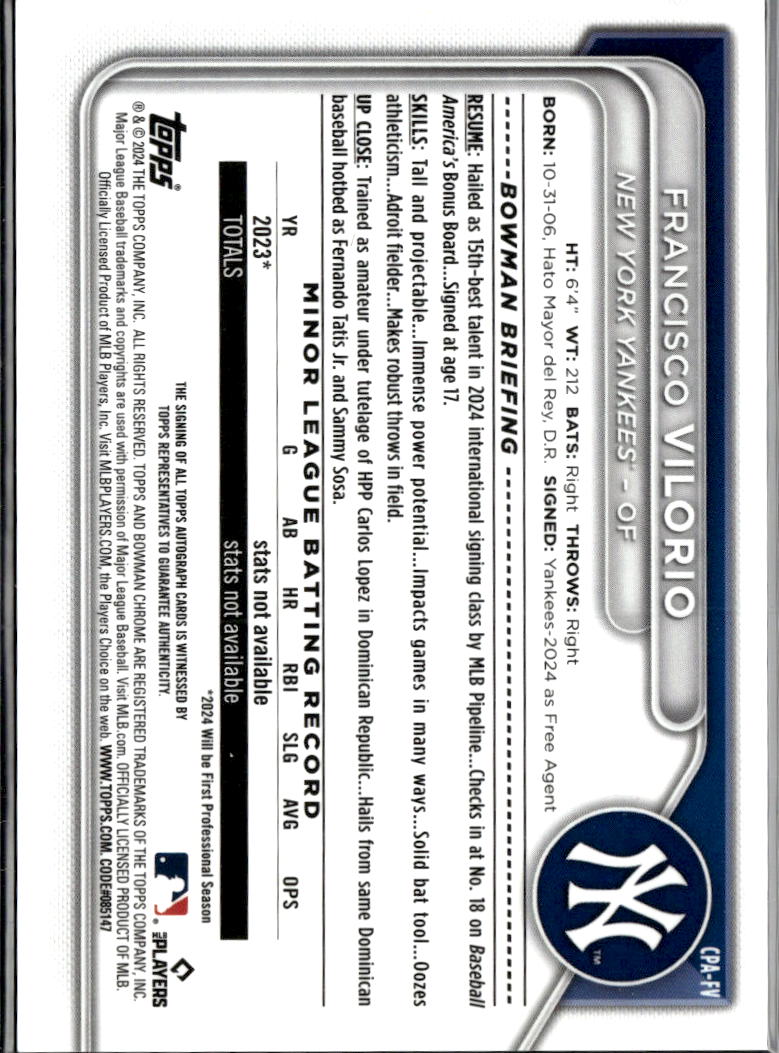 Francisco Vilorio 2024 Bowman Chrome 1st Auto Autograph New York Yankees