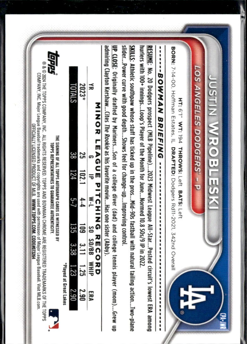 Justin Wrobleski 2024 Bowman Chrome 1st Auto Autograph Los Angeles Dodgers