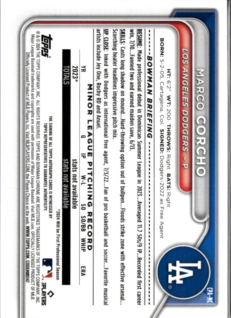 Marco Corcho 2024 Bowman Chrome 1st Auto Autograph Los Angeles Dodgers